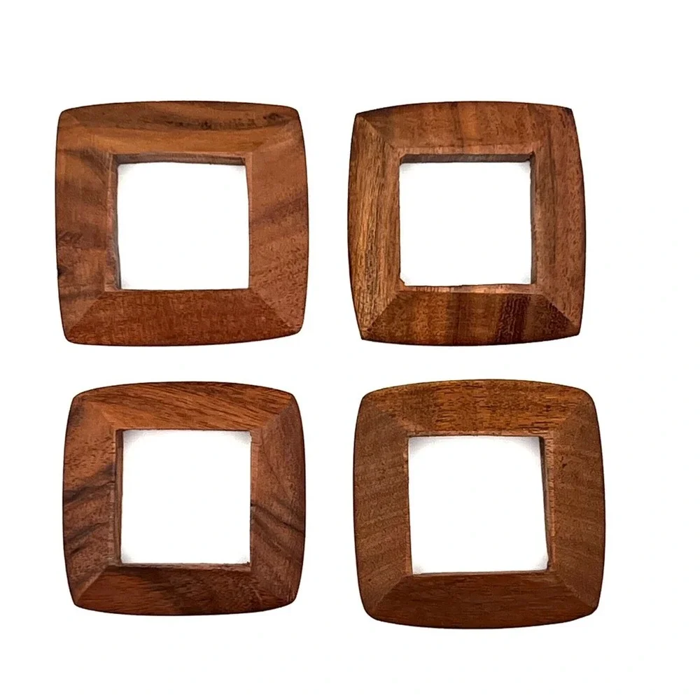 Vintage Square Wooden Napkin Rings Handmade Teak Wood MCM 2.5